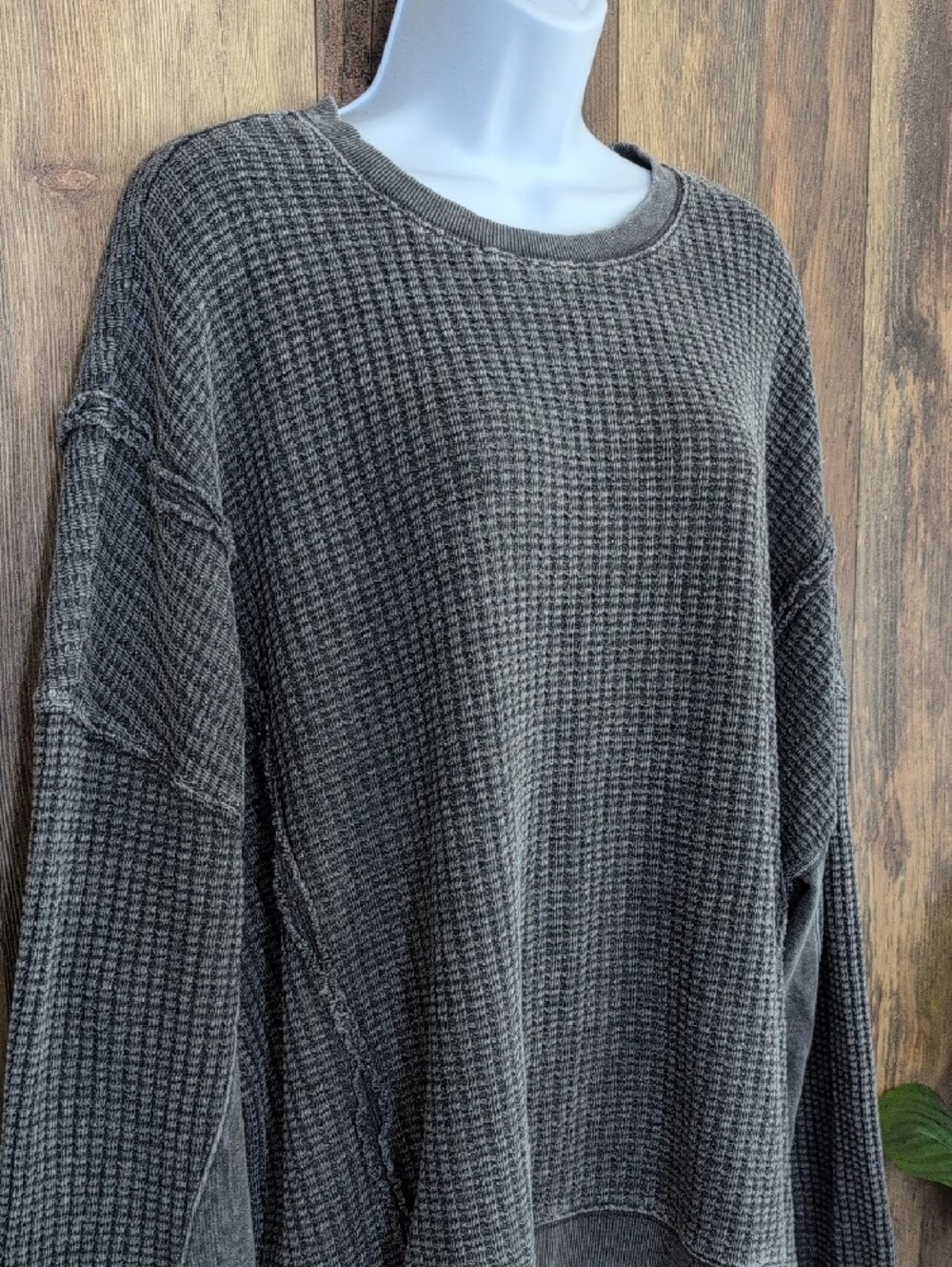 easel Washed Charcoal Waffle Pullover Oversized Sweatshirt L W299 - Picture 2 of 7